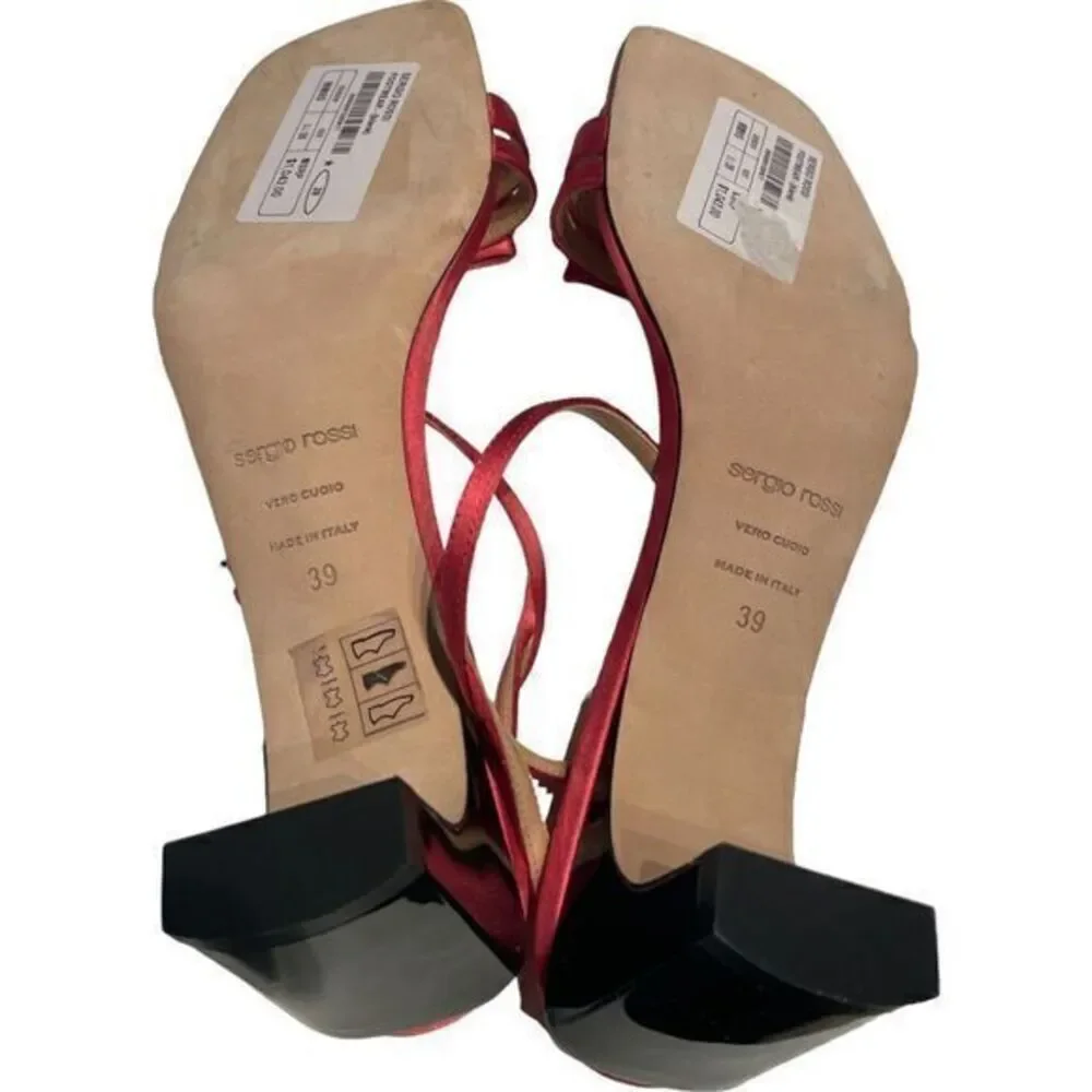 New Sergio Rossi Satin Bow Ankle Strap Block Heel Sandals Pink Size 39‎ EU 9 US